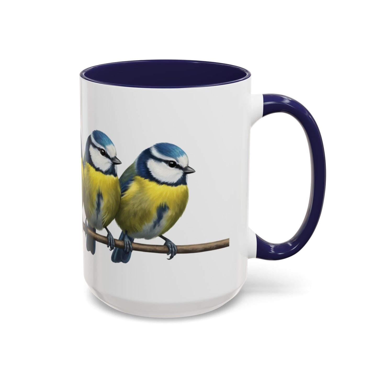 枝に止まるアオガラを描いた陶器製鳥コーヒーマグ - バードウォッチャーへのカスタムギフト