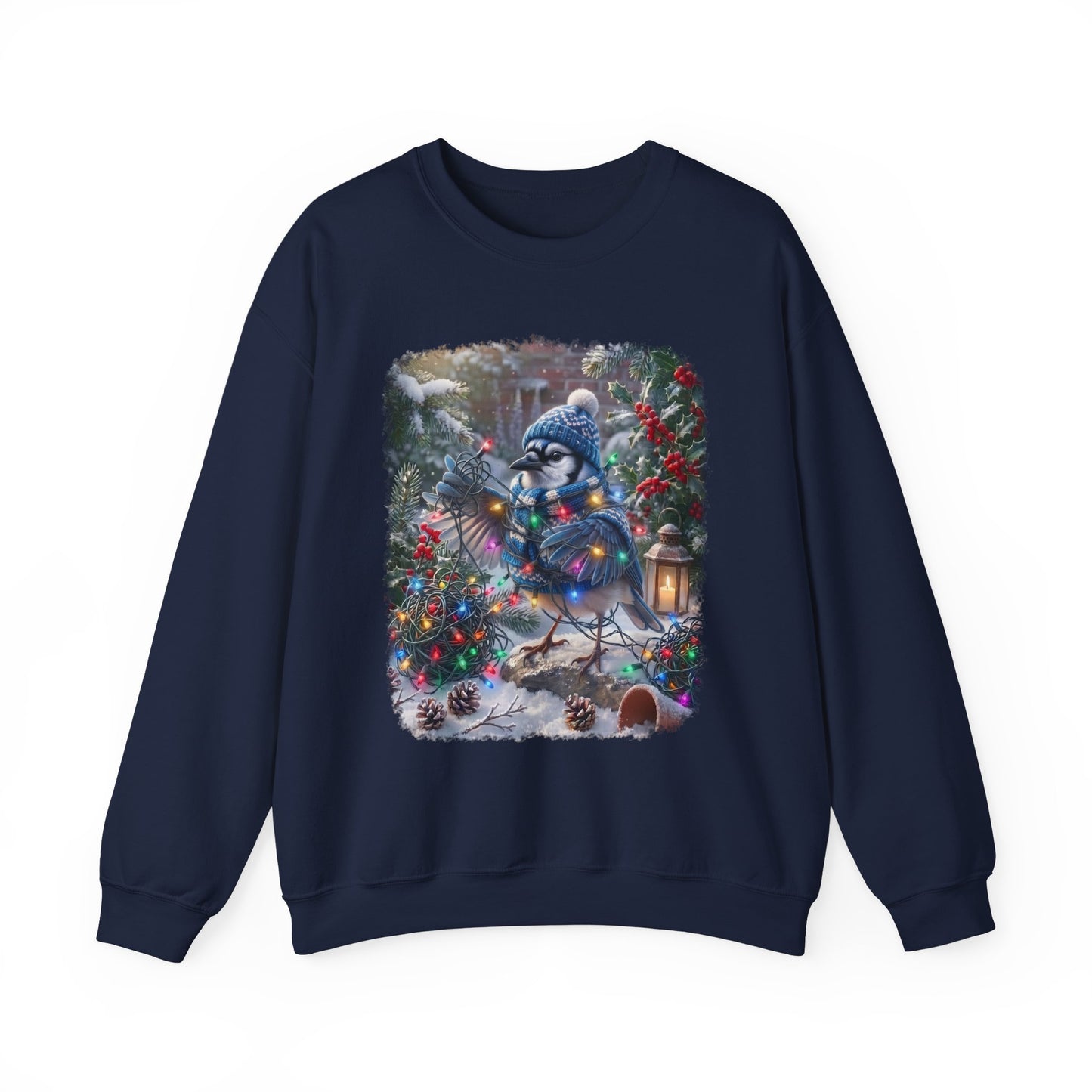 A navy blue crewneck sweatshirt featuring a large, colorful graphic print of a blue jay decorated for Christmas on a snowy porch.
