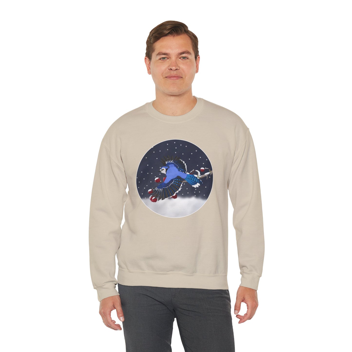 Blue Jay on a Winter Branch Birdwatcher Christmas Bird Sweatshirt