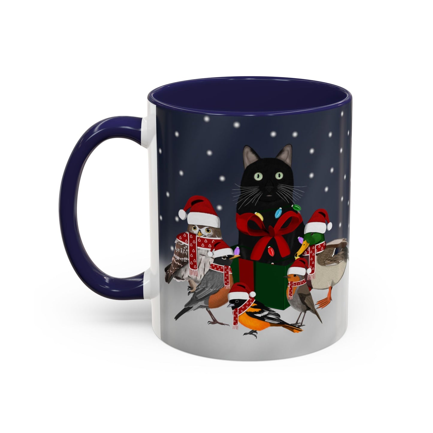 Robin Oriole Mallard Owl and Cat with Christmas Hat and Scarf Snow Bird Coffee Mug