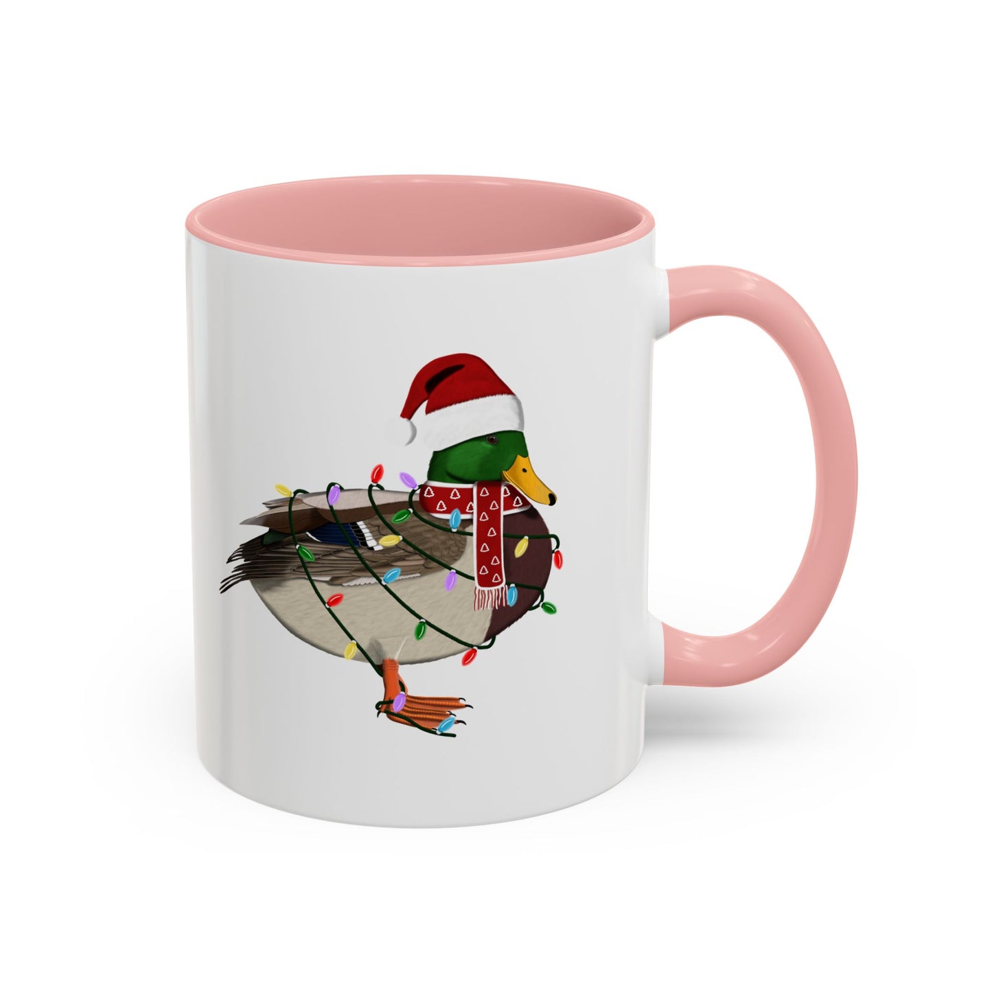 サンタクロースのマガモとフェアリーライトの陶器製バードコーヒーマグ – バードウォッチャーへのカスタムギフト