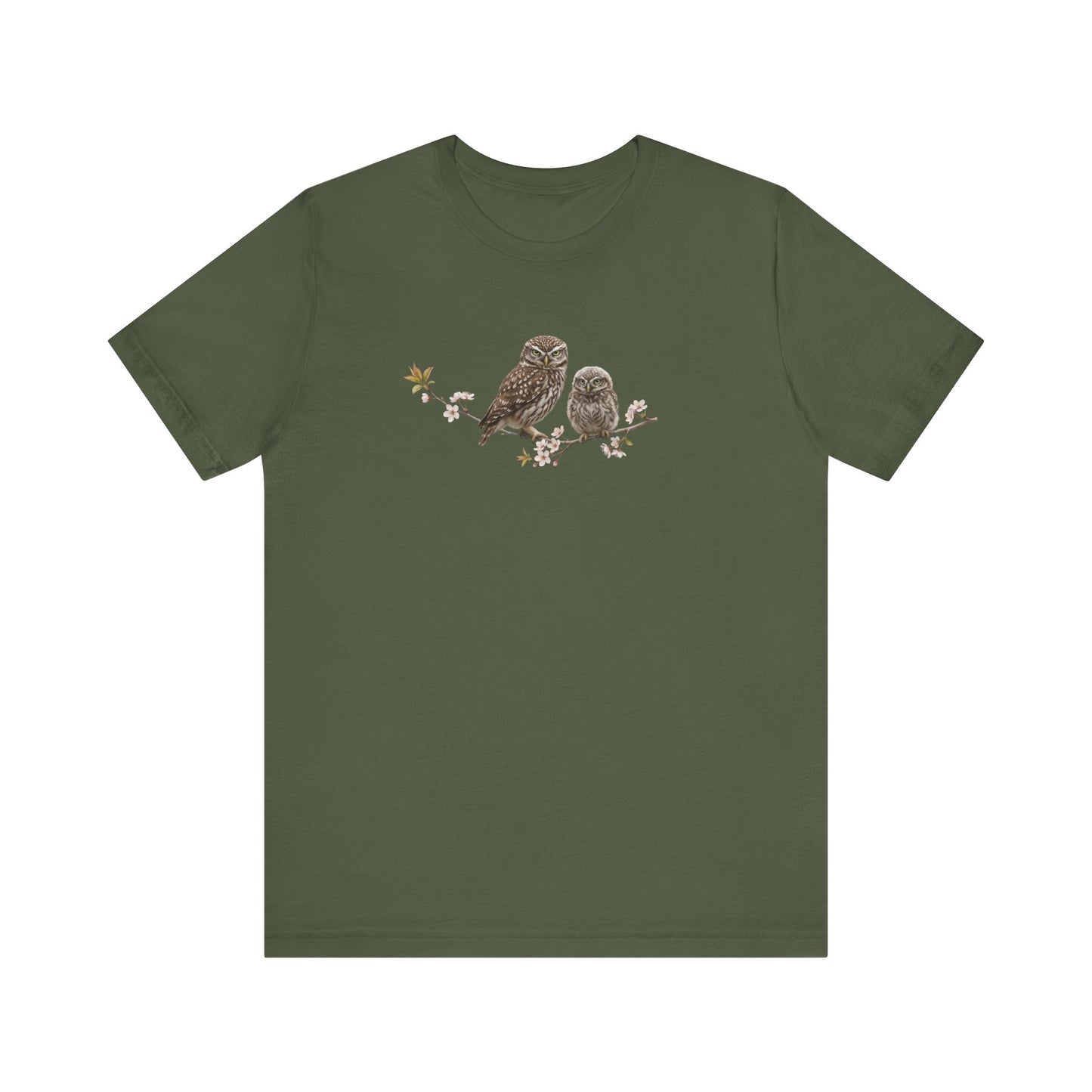 Little Owl & Fledgling T-Shirt | Spring Blossoms Unisex Graphic Tee