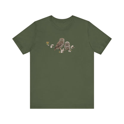 Little Owl & Fledgling T-Shirt | Spring Blossoms Unisex Graphic Tee