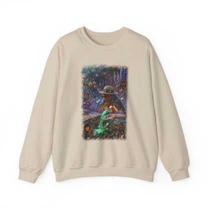 A beige crewneck sweatshirt featuring a large, colorful graphic print on the front depicting a cartoon robin bird character in a hat amidst a spooky, colorful background.