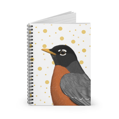 Robin Bird Birdlover Spiral Notebook White Golden Dots Ruled Line 6"x8"