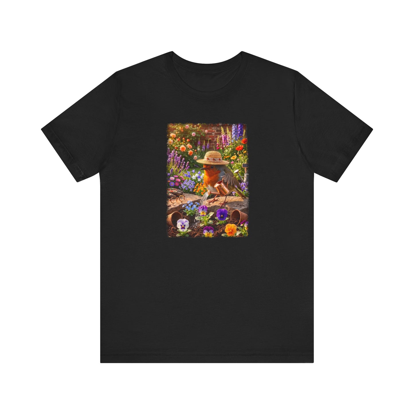 Niedliches Rotkehlchen T-Shirt beim Blumen gießen | Gemütliches Garten-Motiv