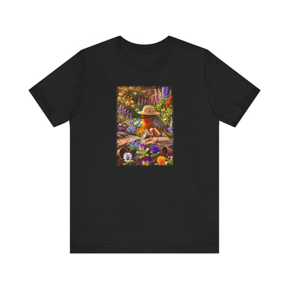 Niedliches Rotkehlchen T-Shirt beim Blumen gießen | Gemütliches Garten-Motiv