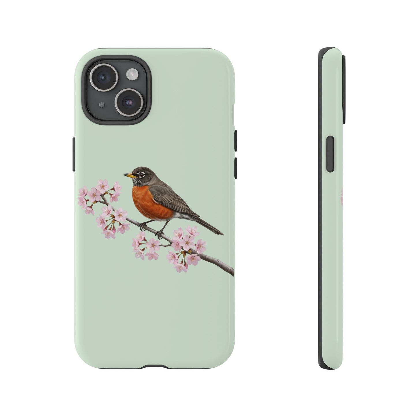 Wanderdrossel Handyhülle in Salbeigrün | Florales Kirschblüten Vogel-Motiv für iPhone & Google Pixel