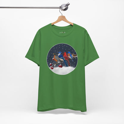 Blue Jay Robin Cardinal Bluebird Wren on a Winter Branch Birdwatcher Christmas Bird T-Shirt