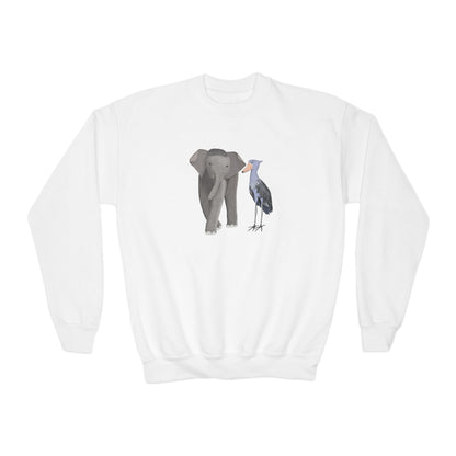 Elephant with Shoebill Bird Youth Crewneck Sweatshirt