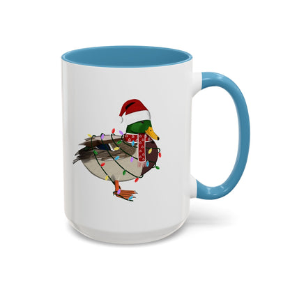 サンタクロースのマガモとフェアリーライトの陶器製バードコーヒーマグ – バードウォッチャーへのカスタムギフト
