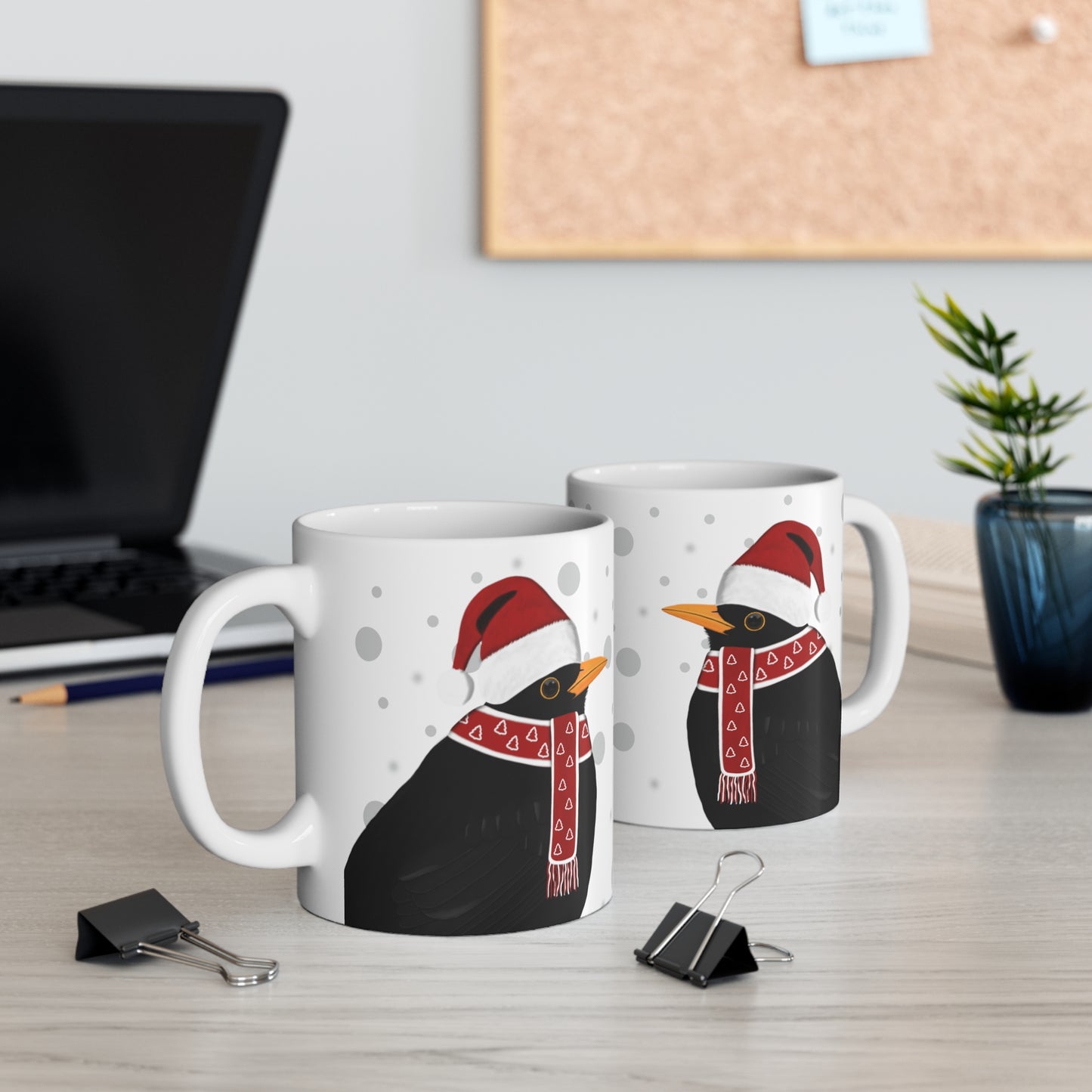 Blackbird with Red Santa Hat and Scarf Christmas Bird Ceramic Mug 11oz