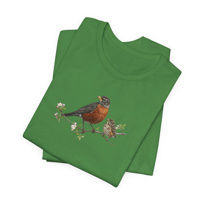 American Robin & Fledgling T-Shirt | Spring Blossoms Unisex Graphic Tee