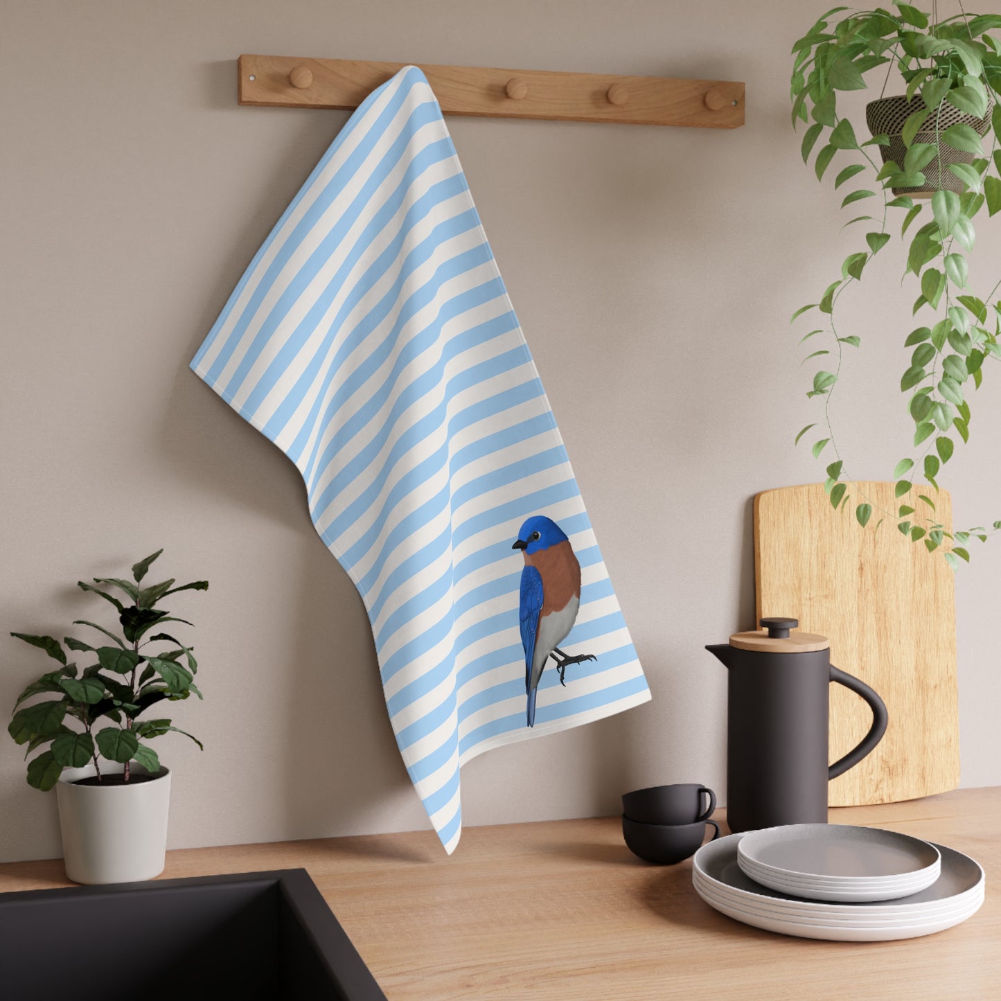 Bluebird Bird Art Kitchen Towel Blue White 18" × 30"