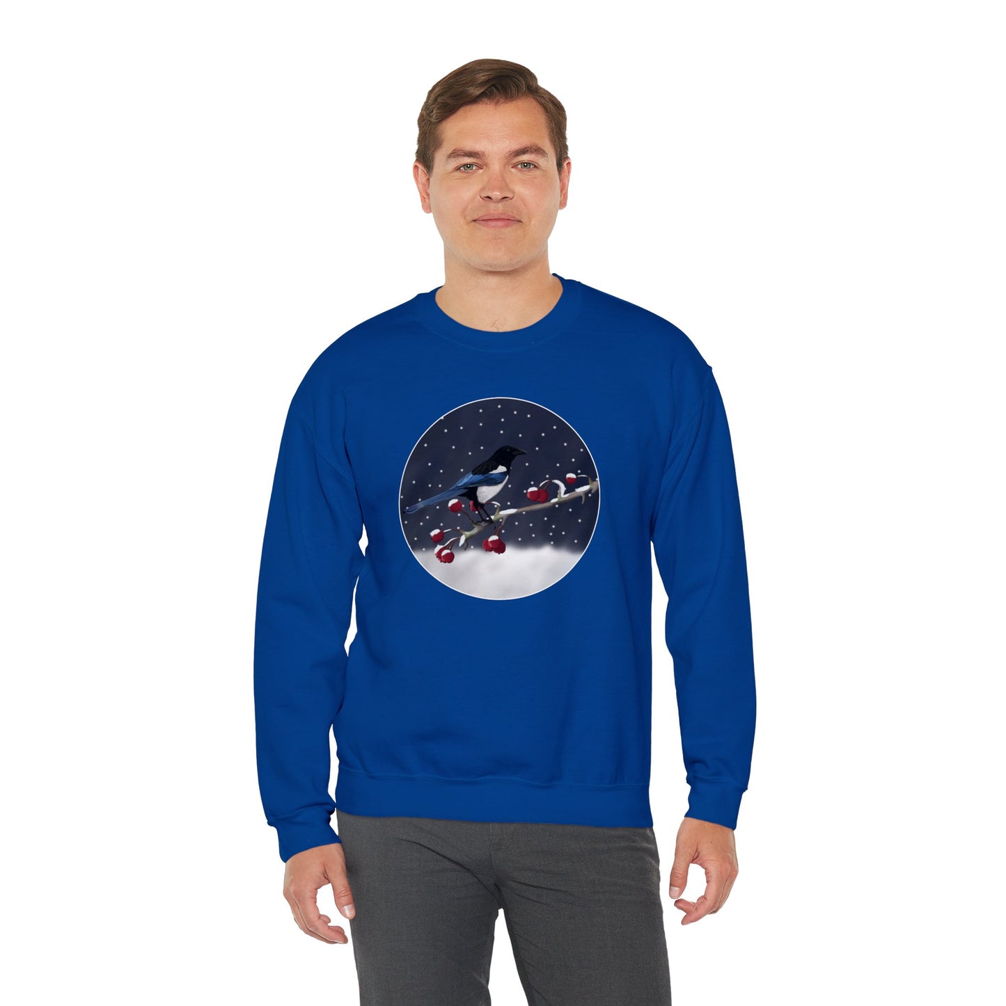 Magpie on a Winter Branch Christmas Bird Sweatshirt