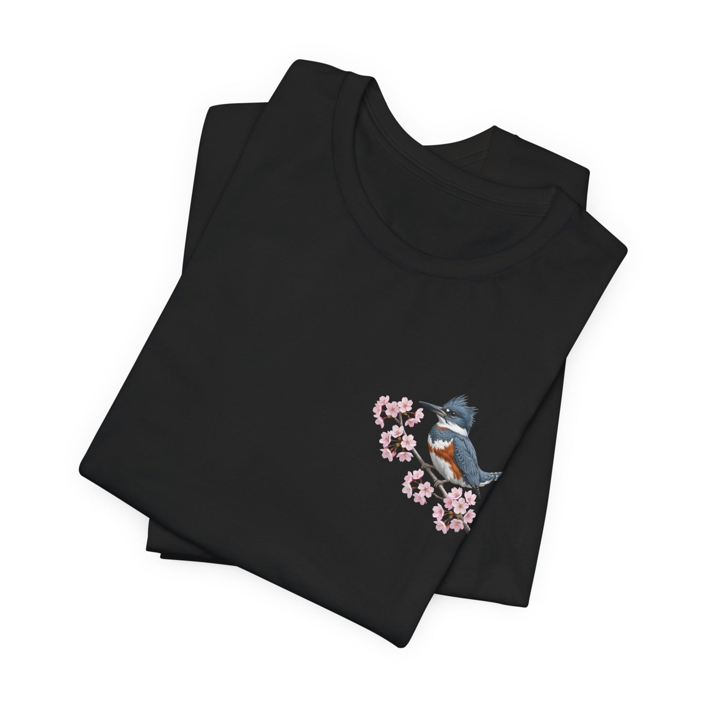 Belted Kingfisher Cherry Blossom T-Shirt | Floral Spring Tee for Bird Lovers