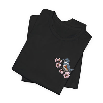 Belted Kingfisher Cherry Blossom T-Shirt | Floral Spring Tee for Bird Lovers