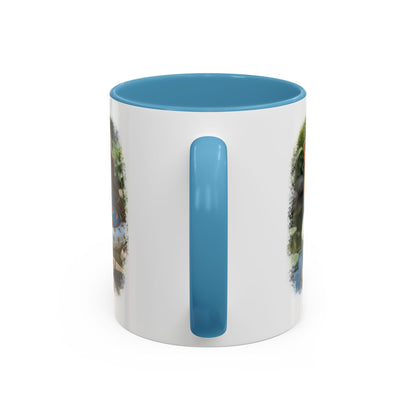 Rosi Rotkehlchen am Gartenteich Keramiktasse – Kaffeebecher mit farbigem Henkel