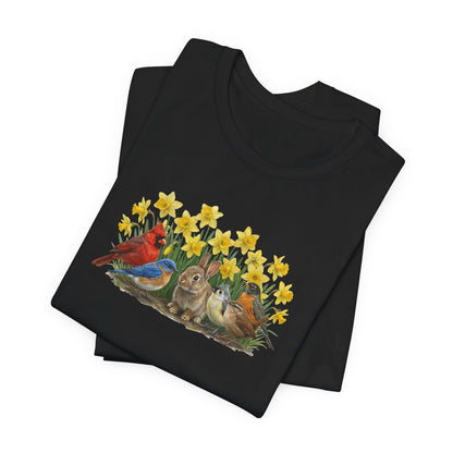 Spring Garden Tee – Bunny, Cardinal & Bluebird | Botanical Easter T-Shirt