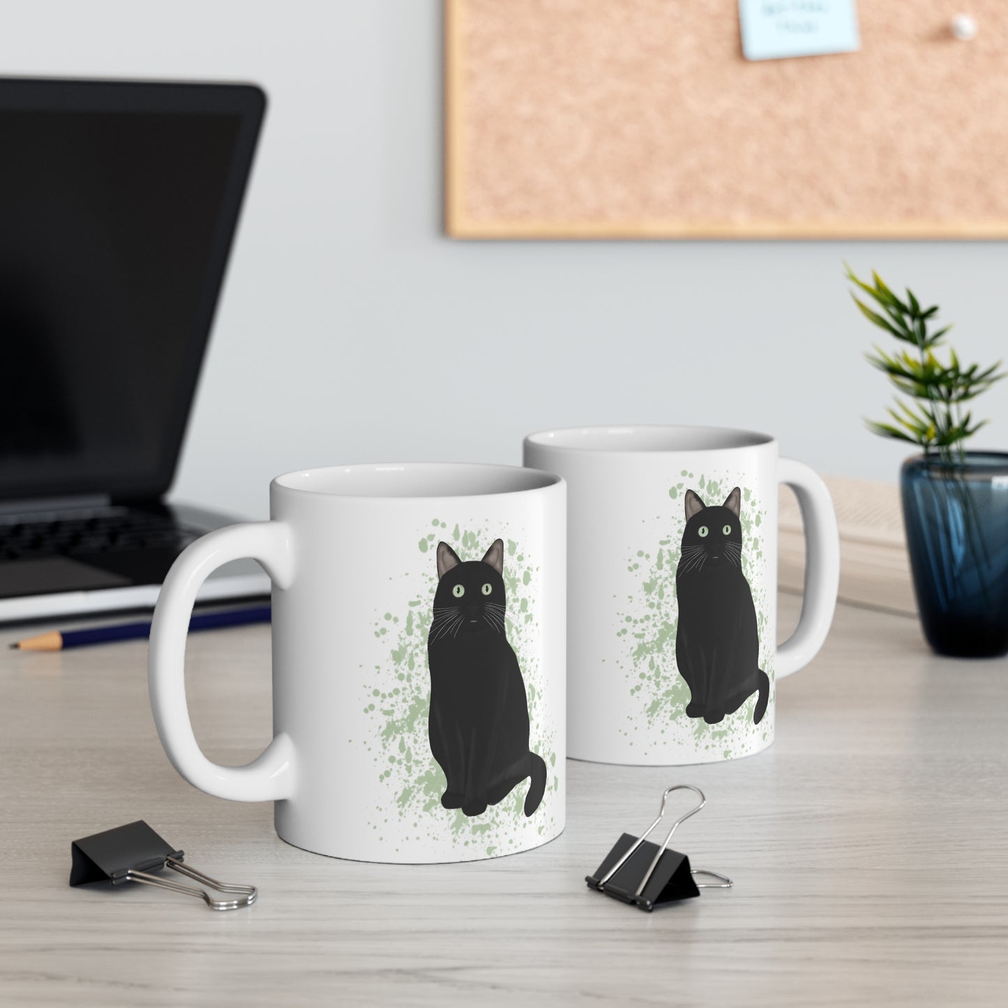 Black Cat with Green Eyes Cat Lover Ceramic Mug White