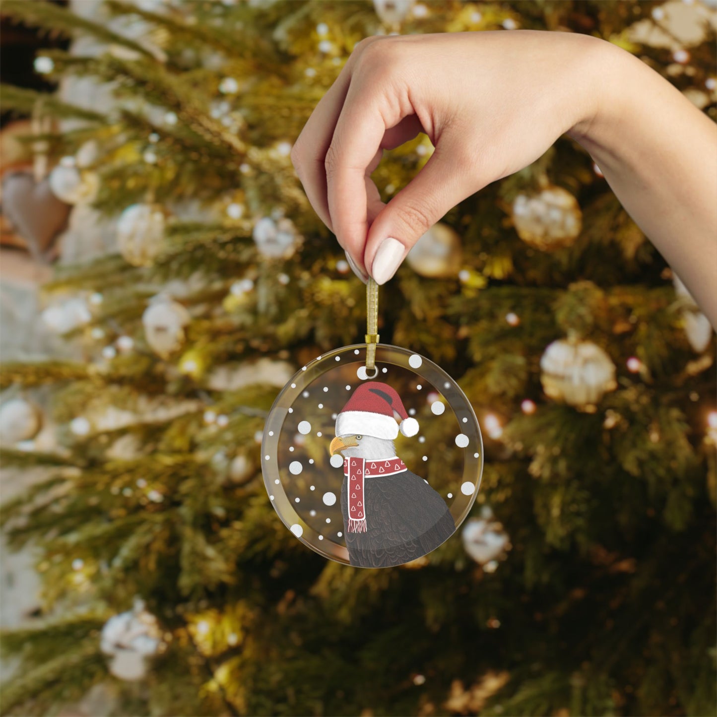 Bald Eagle as Santa Claus Christmas Bird Glass Ornament Transparent