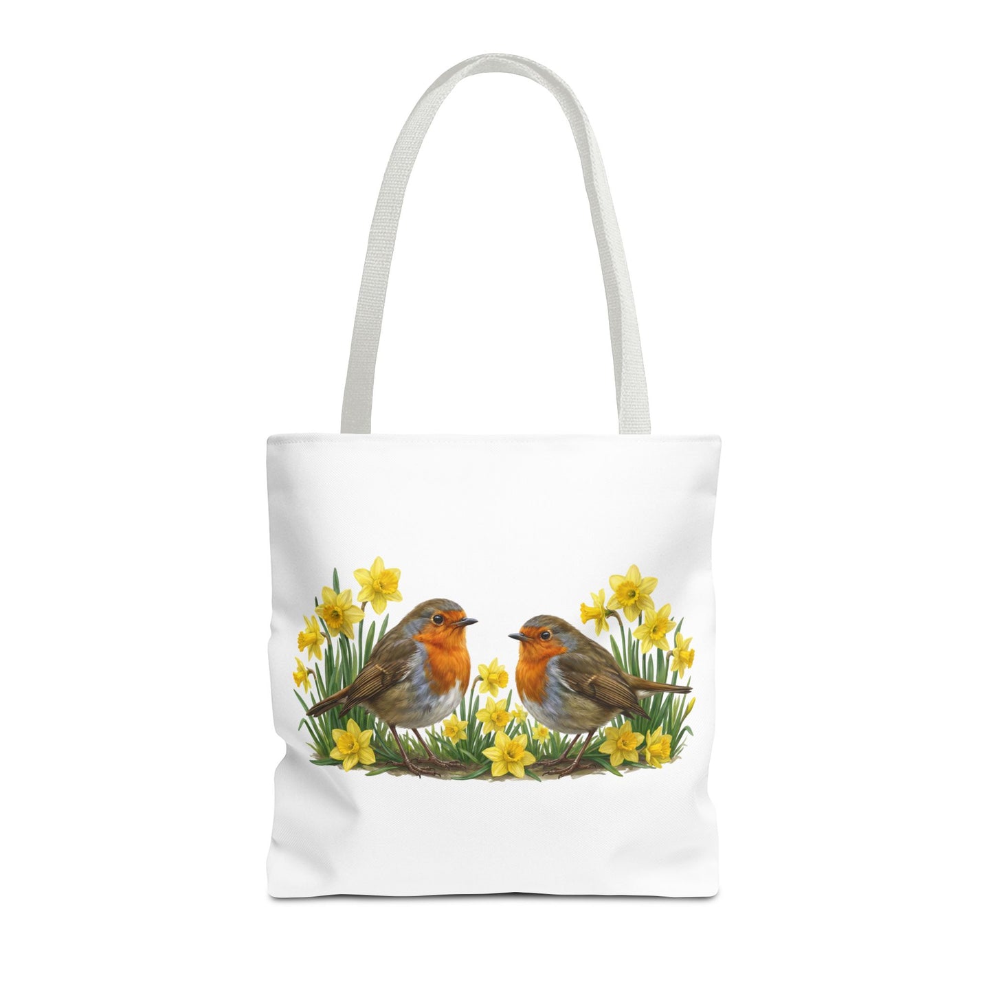 Robuste Einkaufstasche "Frühling": Rotkehlchen in Osterglocken | 40x40cm Shopper