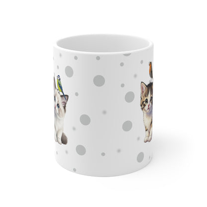 Katzenbabys Kätzchen Tasse mit Rotkehlchen und Blaumeise Tiermotiv Punkte Grau