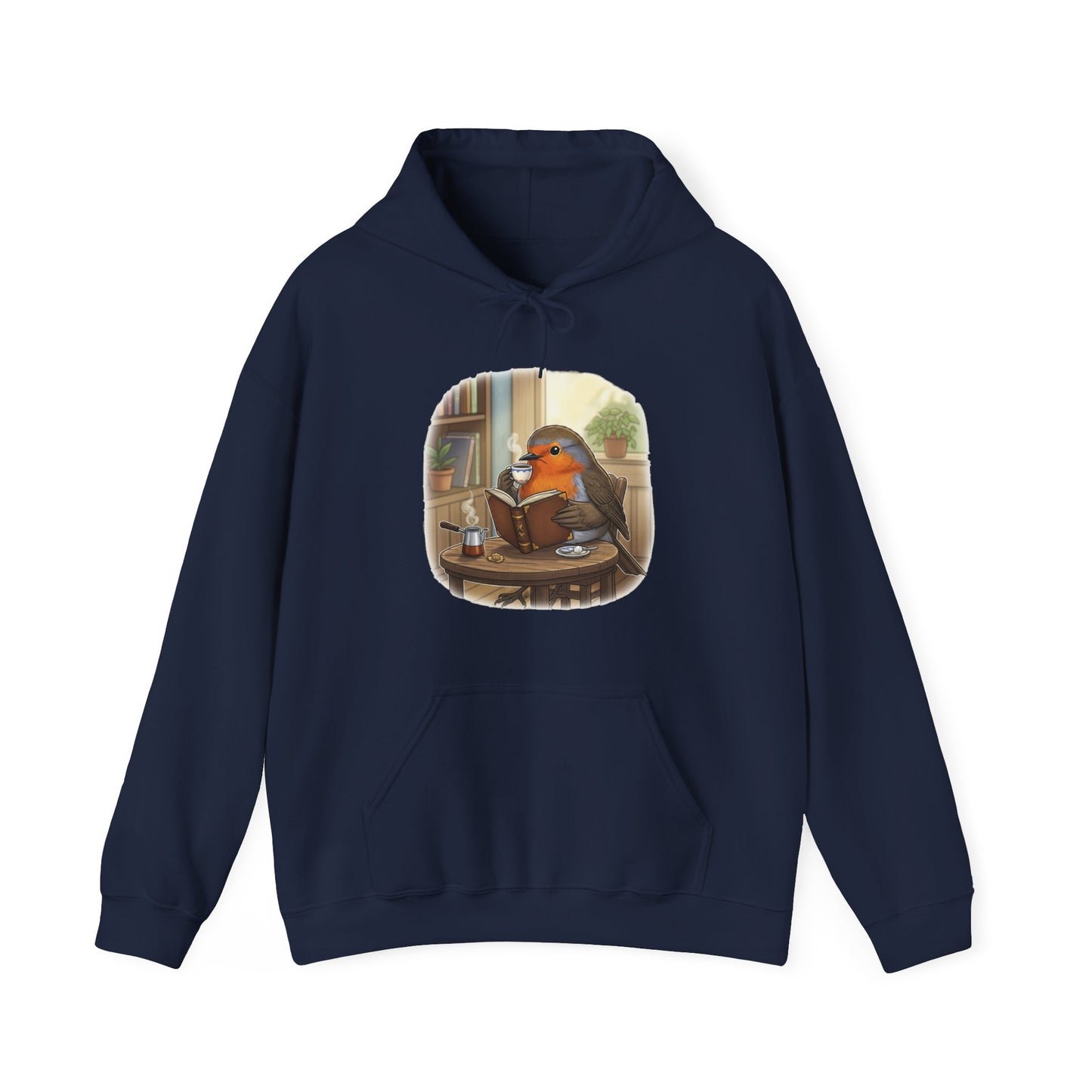 Rotkehlchen liest Bücher und trinkt Kaffee Vogel Hoodie - Kapuzenpullover für Vogelbeobachter mit Vogelmotiv