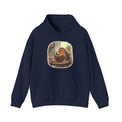 Rotkehlchen liest Bücher und trinkt Kaffee Vogel Hoodie - Kapuzenpullover für Vogelbeobachter mit Vogelmotiv