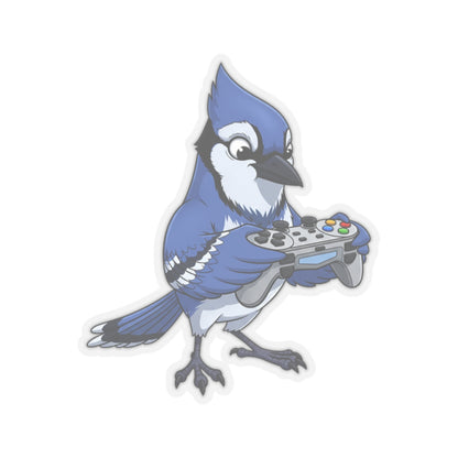 Blue Jay Playing Video Games Kiss-Cut Sticker for Bird Watchers and Gaming Lovers