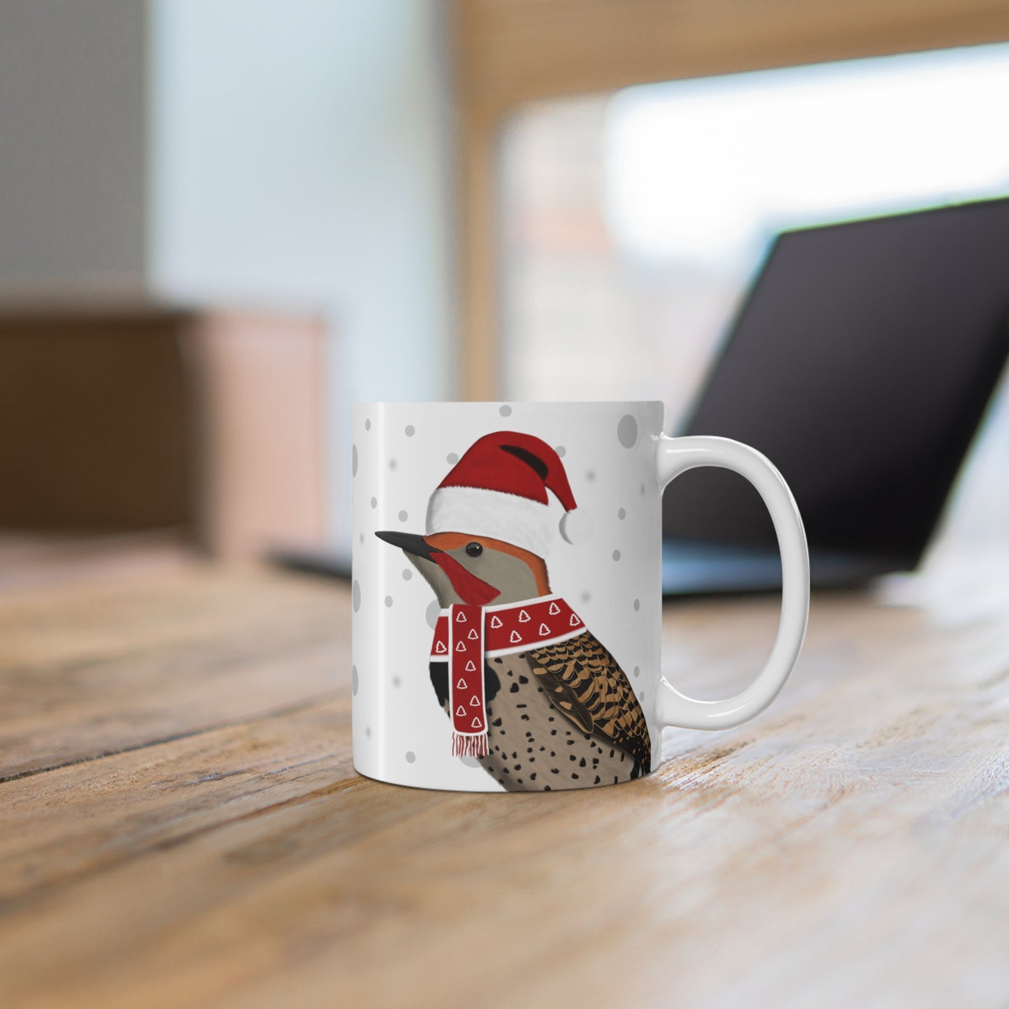 Northern Flicker with Red Santa Hat and Scarf Christmas Bird Ceramic Mug 11oz