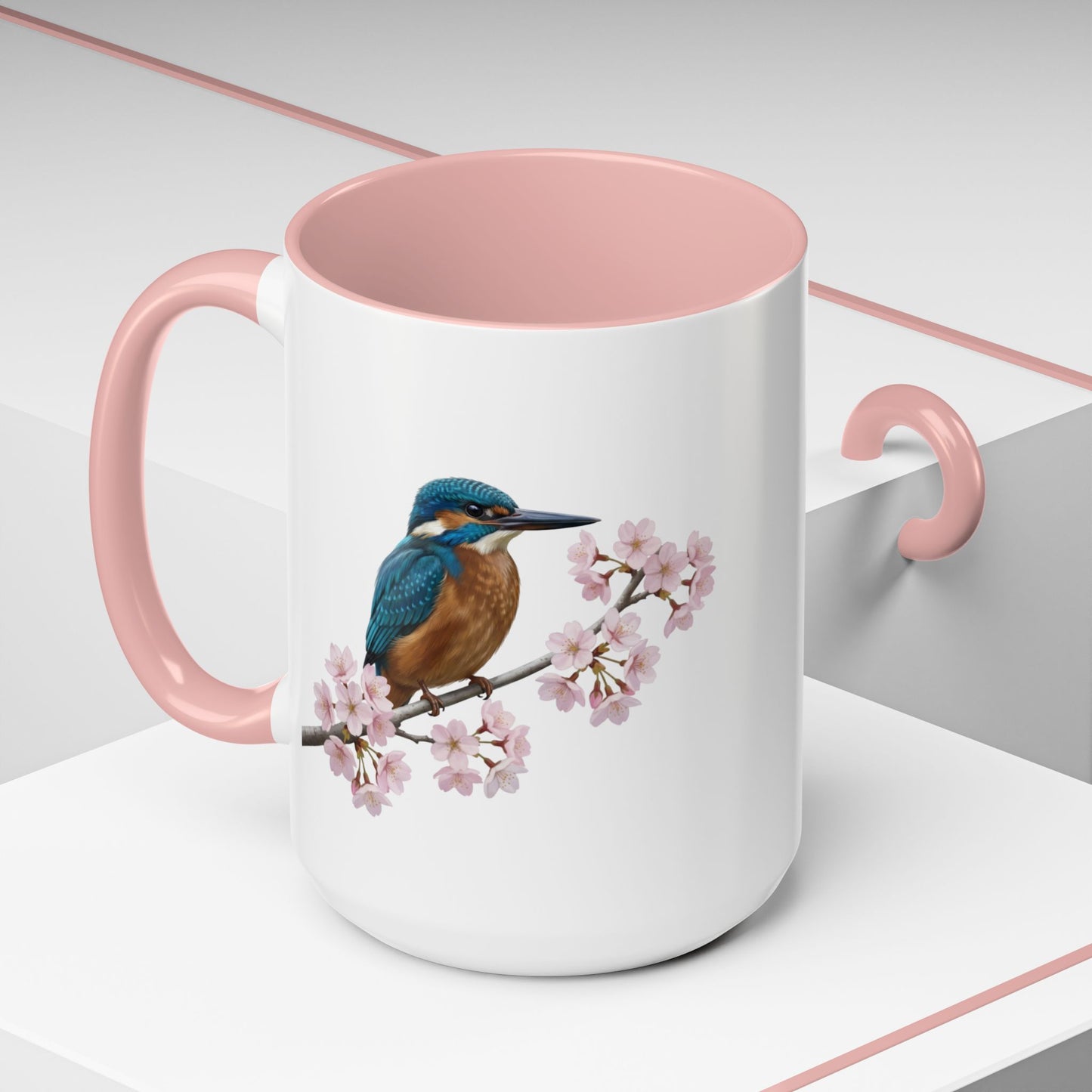 Kingfisher Cherry Blossom Mug | Pink Ceramic Coffee Cup for Bird Lovers