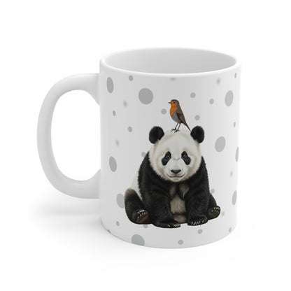 Rotkehlchen mit einem Panda Vogel Tiermotiv Tasse Punkte Grau
