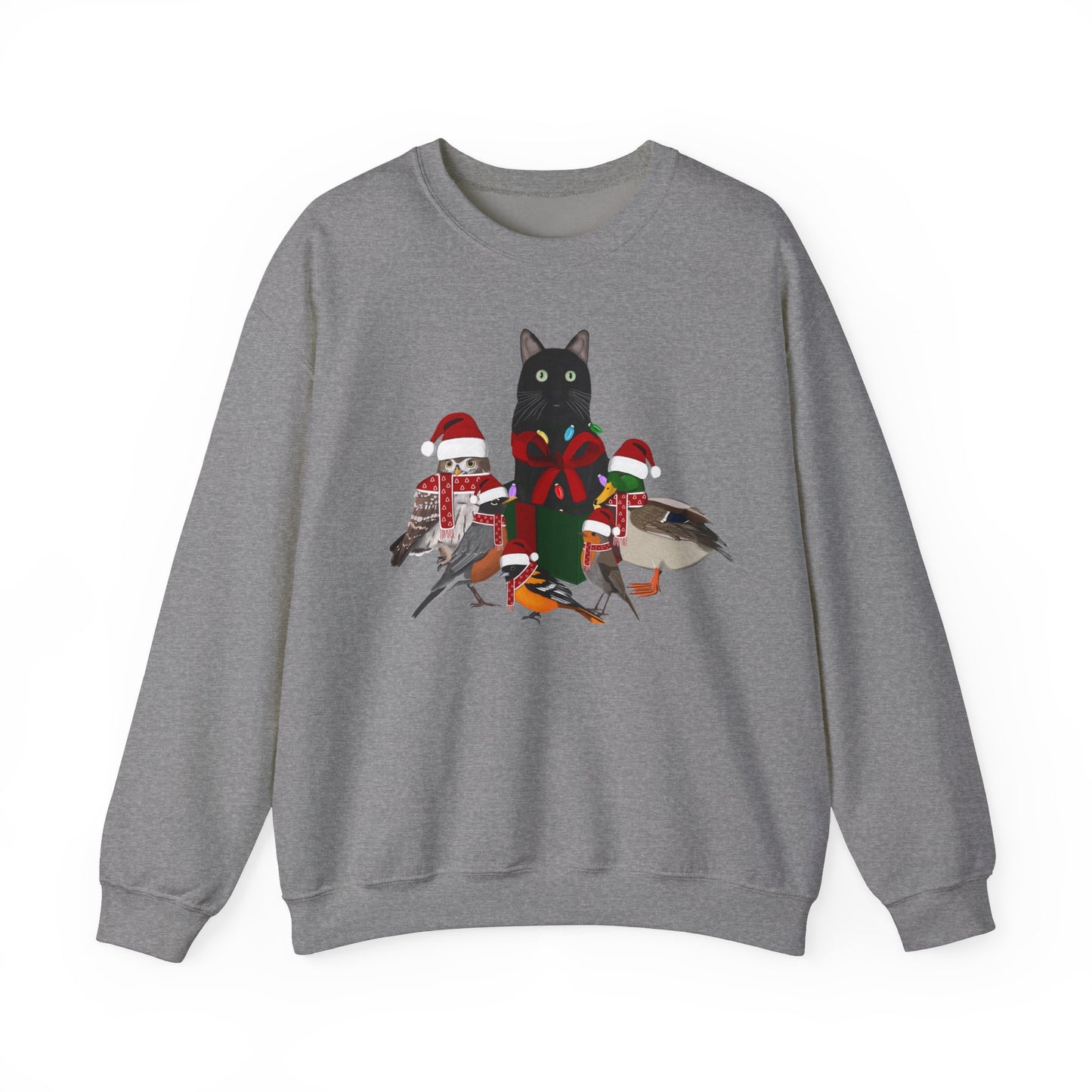 Robin Mallard Oriole Owl with Cat in a Box and Fairy Lights Birdwatcher Christmas Bird Sweatshirt