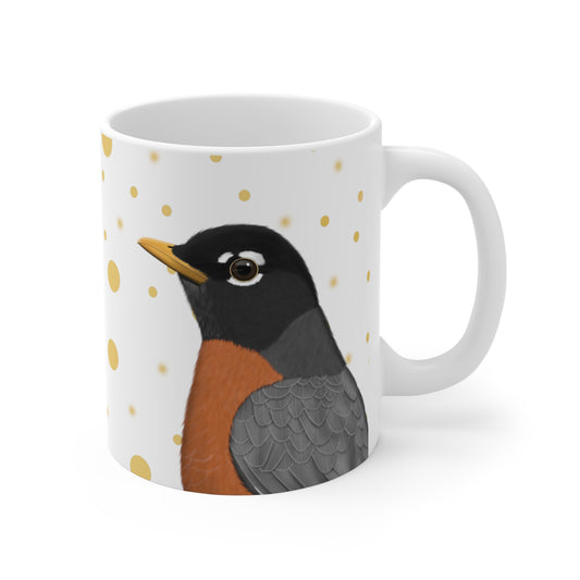 Robin Bird Ceramic Mug White Golden Dots 11oz