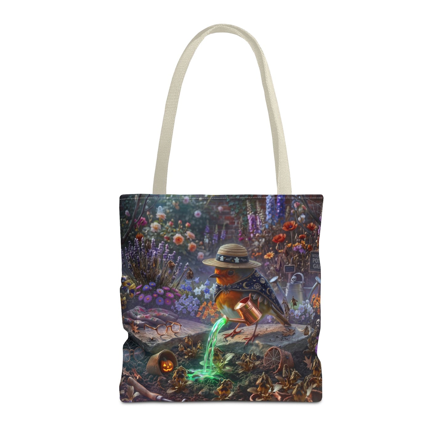 A white canvas tote bag featuring a detailed, colorful fantasy illustration of a robin bird in a hat standing in a flower-filled forest and pouring glowing green liquid, shown on a plain white background.