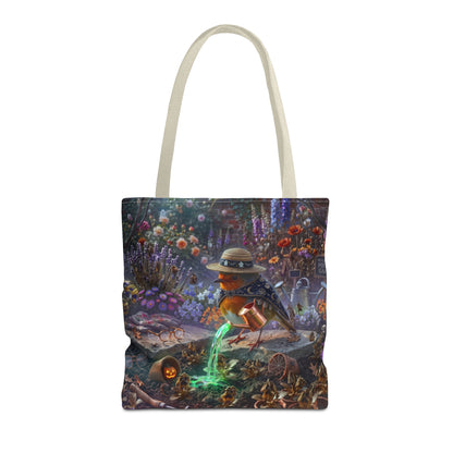A white canvas tote bag featuring a detailed, colorful fantasy illustration of a robin bird in a hat standing in a flower-filled forest and pouring glowing green liquid, shown on a plain white background.