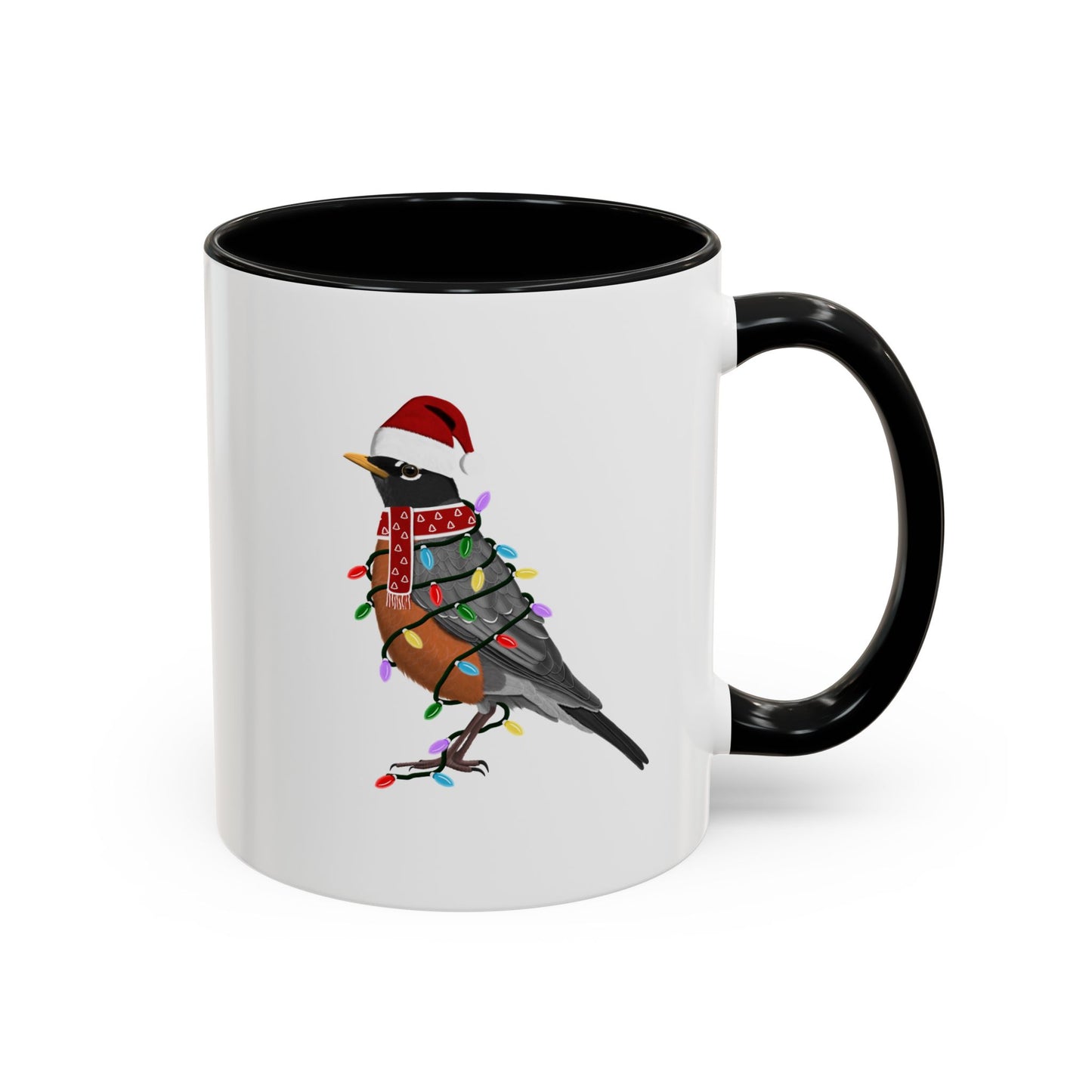 American Robin as Santa with Fairy Lights Ceramic Bird Coffee Mug – Custom Gift for Bird Watchers