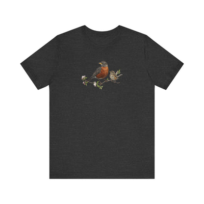 American Robin & Fledgling T-Shirt | Spring Blossoms Unisex Graphic Tee