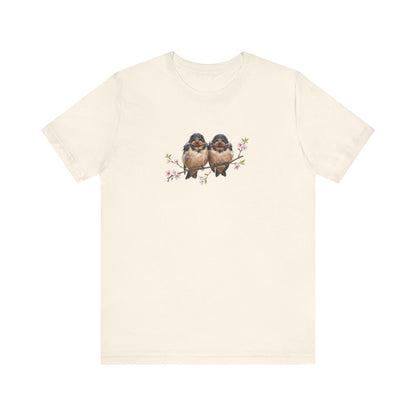 Barn Swallow Fledgling T-Shirt | Spring Blossoms Unisex Graphic Tee for Bird Watchers