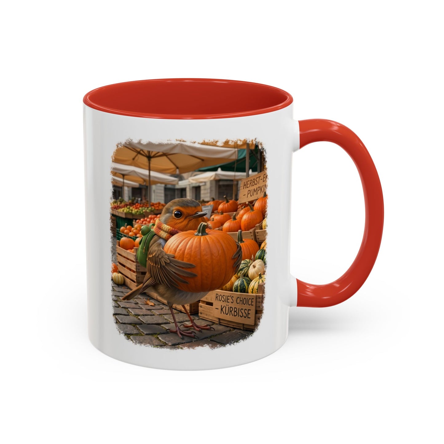 Premium Keramiktasse Rosi Rotkehlchen & der Riesen-Kürbis | 330 ml | Lustiges Geschenk für Vogelfreunde