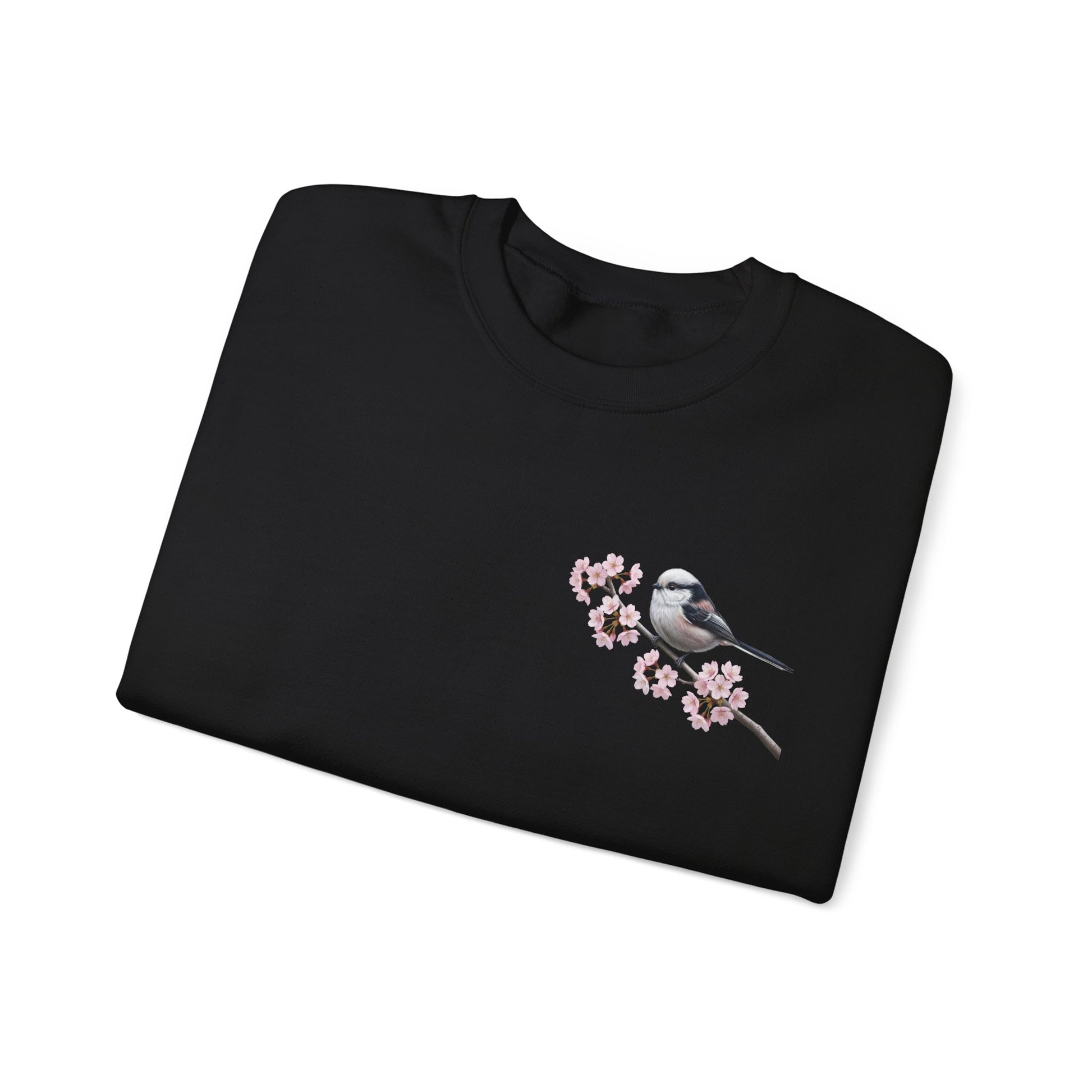 Long Tailed Titmouse Cherry Blossom Sweatshirt | Floral Bird Crewneck Cozy Spring Pullover in Black