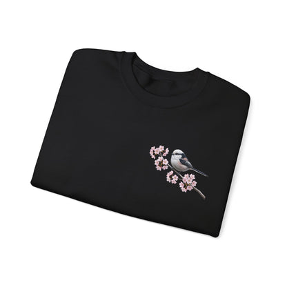 Long Tailed Titmouse Cherry Blossom Sweatshirt | Floral Bird Crewneck Cozy Spring Pullover in Black