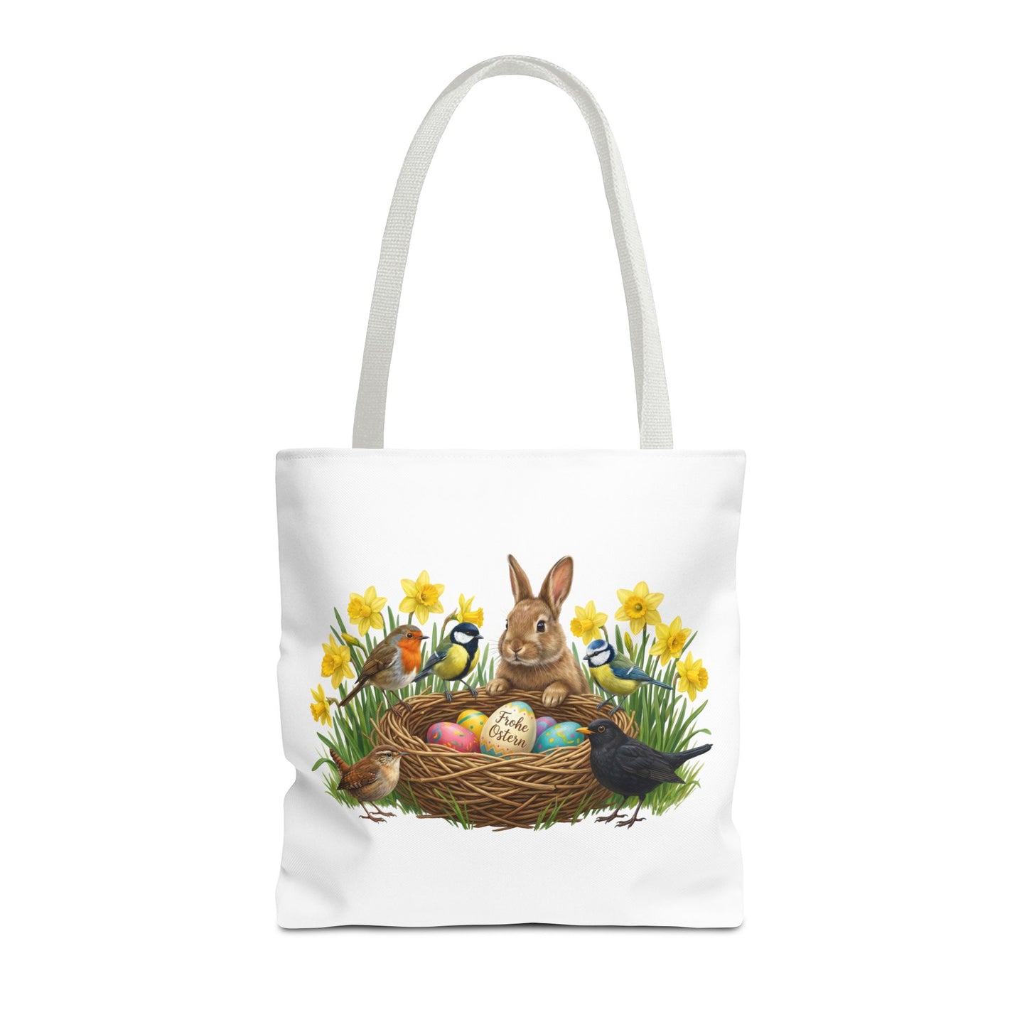 Robuste Einkaufstasche Frühling: Kaninchen, Amsel, Rotkehlchen & Meisen am Osternest | 40x40cm Shopper