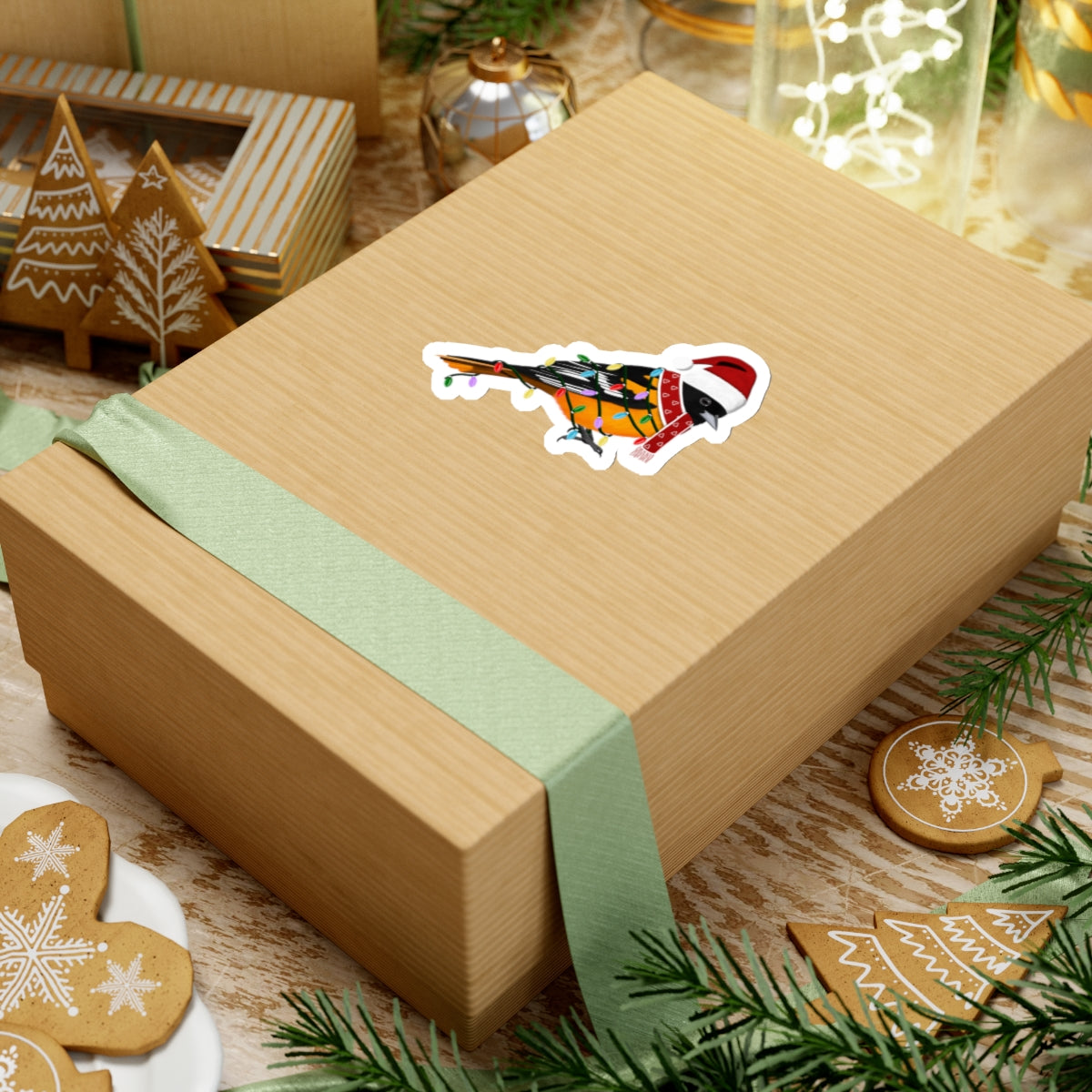 Baltimore Oriole with Fairy Lights Santa Claus Hat and Scarf Christmas Bird Sticker