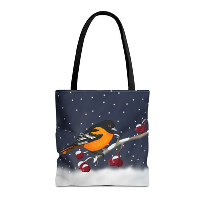 Baltimore Oriole on a Winter Branch Christmas Bird Tote Bag 16"x16"