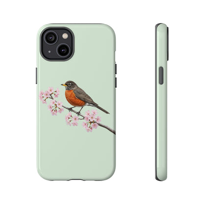 Wanderdrossel Handyhülle in Salbeigrün | Florales Kirschblüten Vogel-Motiv für iPhone & Google Pixel