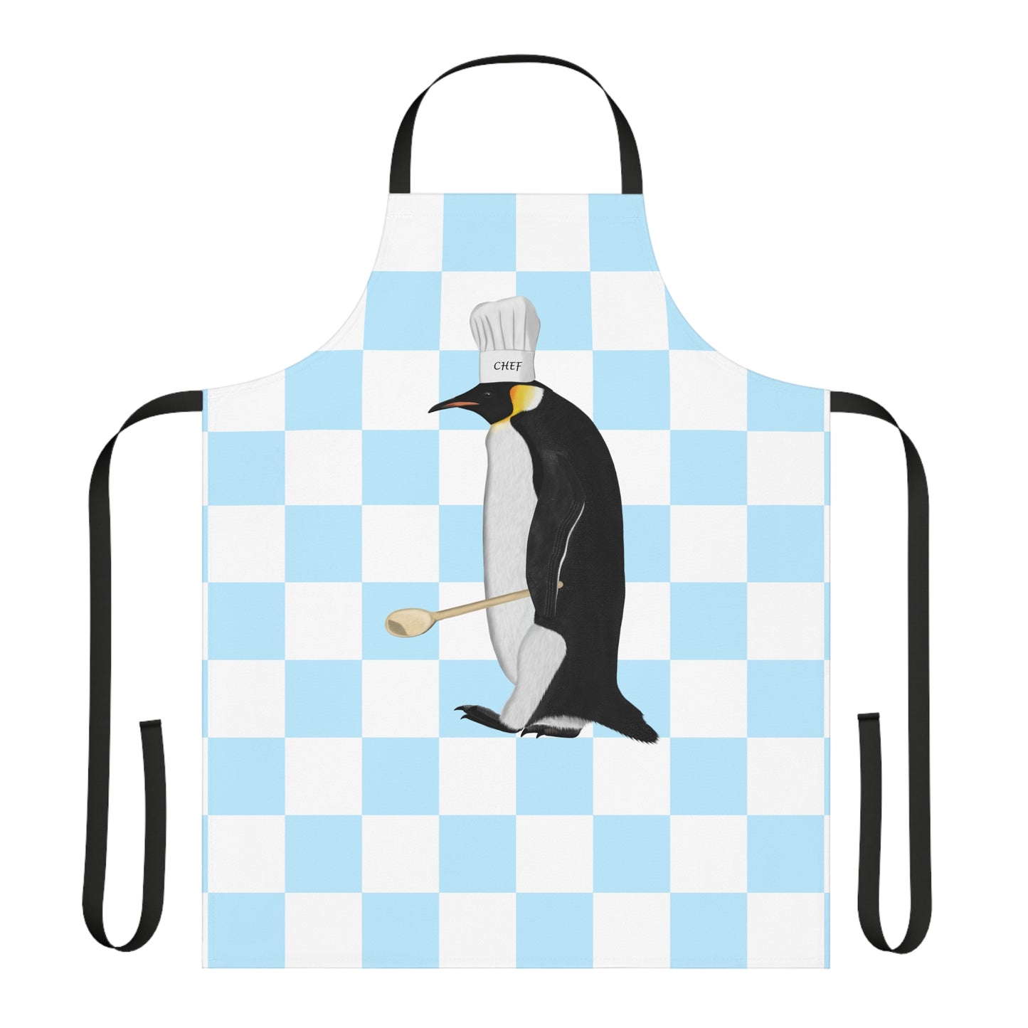Penguin Kitchen Chef Bird Art Apron Blue and White Checkered