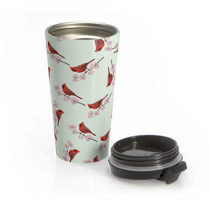 Northern Cardinal & Cherry Blossom Travel Tumbler Sage Green | 15oz Birdwatching Coffee Mug –