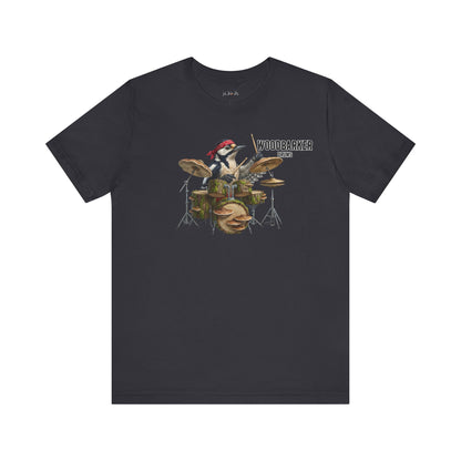 The Woodbarker Graphic Tee – Woodpecker Drummer – Funny Rock Band Bird Shirt